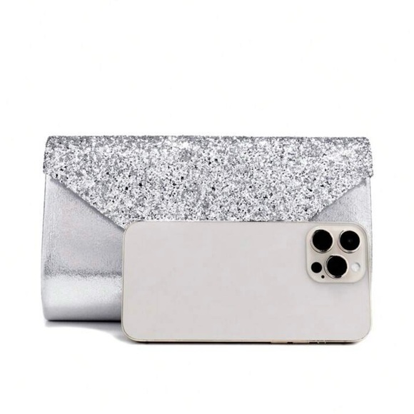 Silver Clutch Bag V Design Metal Chain Glitter Sequined Evening Bag - Picture 8 of 8
